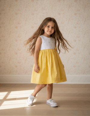 Vestido Infantil Amarelo com Pala Branca Bordada e Poá Colorido – Algodão 100%