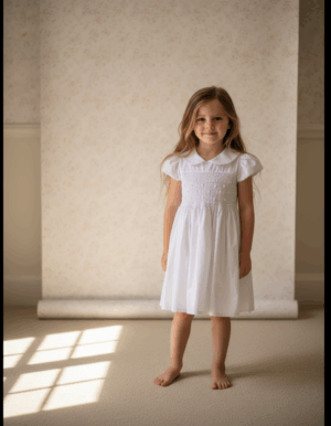 Vestido Infantil Branco com Bordado Smock à Mão – Algodão 100%