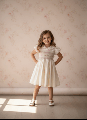 Vestido Infantil Marfim com Bordado Smock Colorido à Mão – Algodão 100%