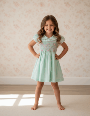Vestido Infantil Verde Claro com Bordado Smock Rosa à Mão – Algodão 100%