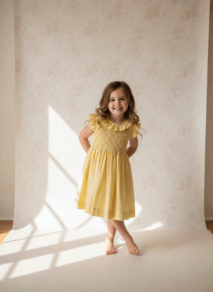 Vestido Infantil Amarelo com Bordado Smock à Mão – Algodão 100%