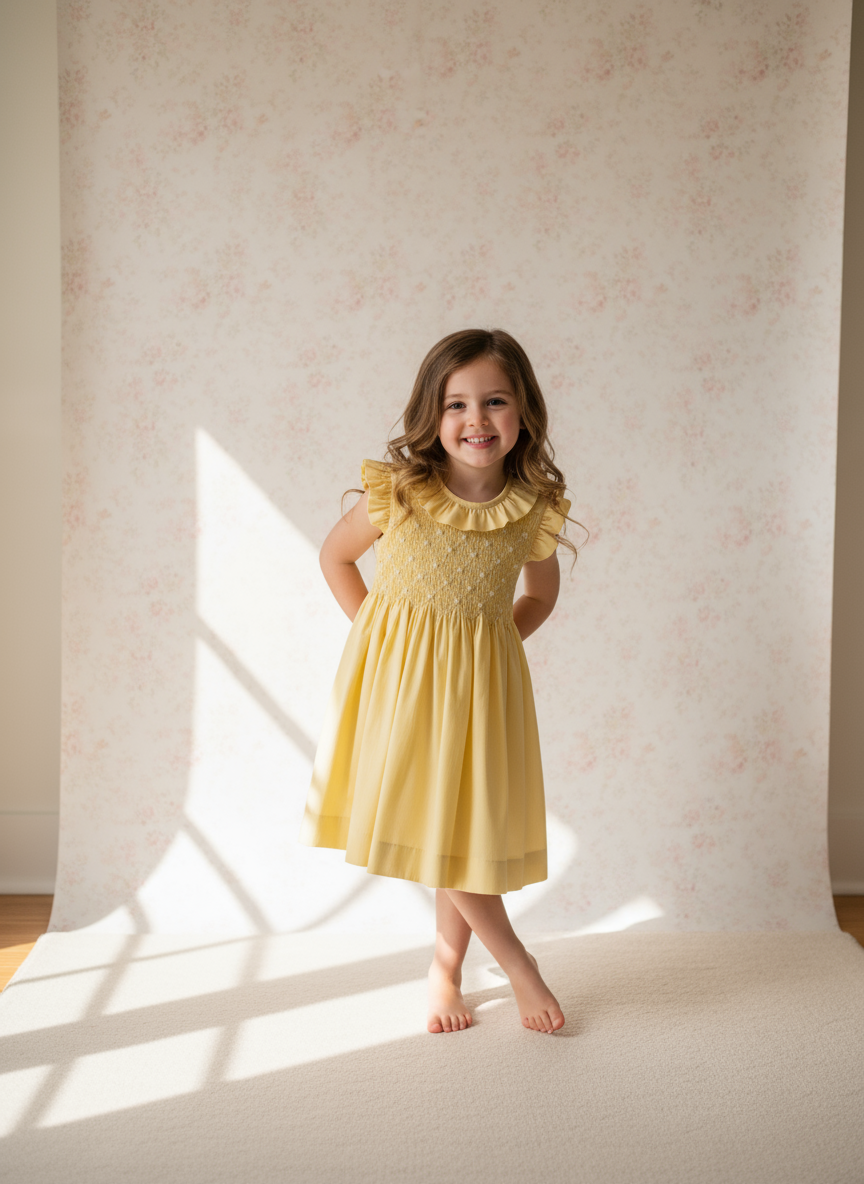 Vestido Infantil Amarelo com Bordado Smock à Mão – Algodão 100%