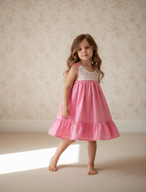 Vestido Infantil de Verão Rosa com Pala Branca Bordada Richelieu e Laços – Algodão 100%